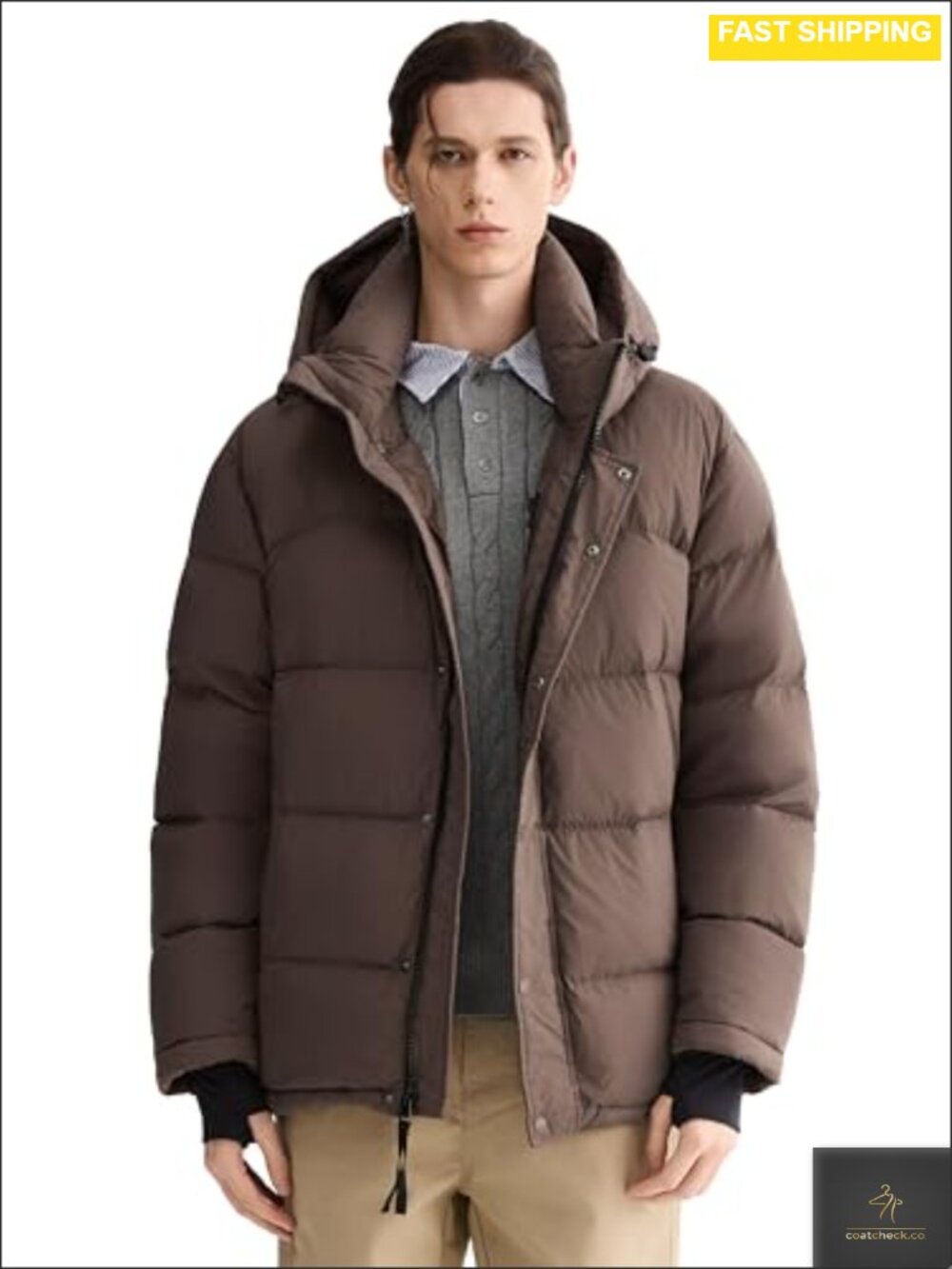 Men's White Duck Down Puffer Jacket Detachable Hood Thumbholes Zip Pockets